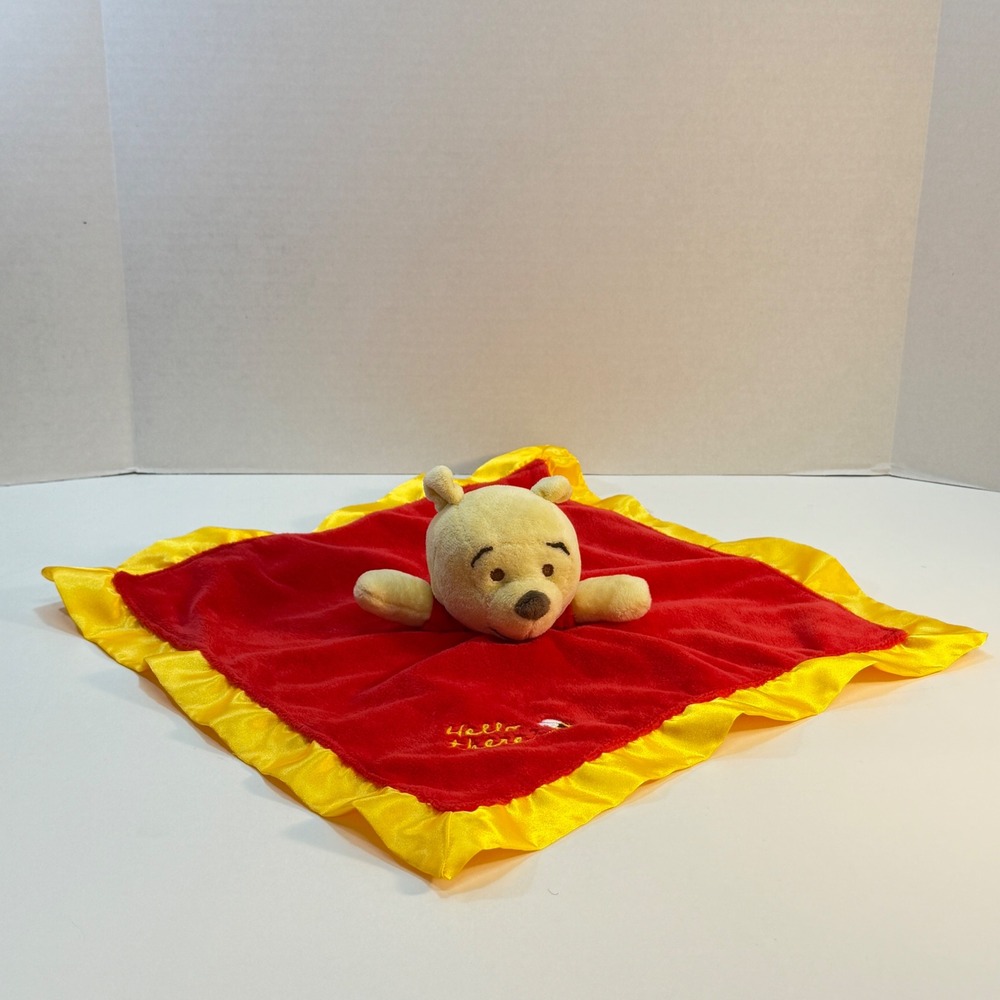 Disney Baby Winnie The Pooh Lovey Yellow Satin Trim Hello There Plush Blanket